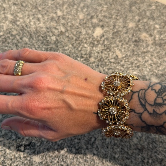 Gold Flower and Crystal Stretch Statement Bracelet / Cuff - Picture 4 of 5